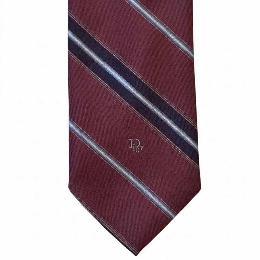 Vintage 70s 80s Christian Dior Tie Monogram Logo Maroon Striped Silk Blend